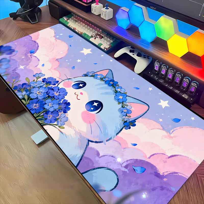 Pc Gaming Pink - ピンクパープルの雲猫マウスパッド、レトロで可愛いアニメゲーミングデスクマットXXL、滑り止めゴムベース、洗えるPCパッド（ゲーム＆オフィス用）1枚